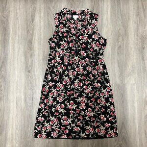 J Jill Women's Size Small Black Red White Floral Tank Shirt Dress Pleated Waist